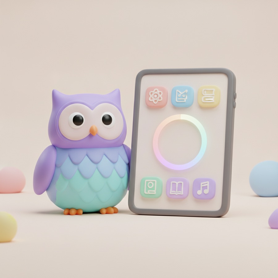 The Studyfin owl beside a tablet of colorful subjects and a progress ring