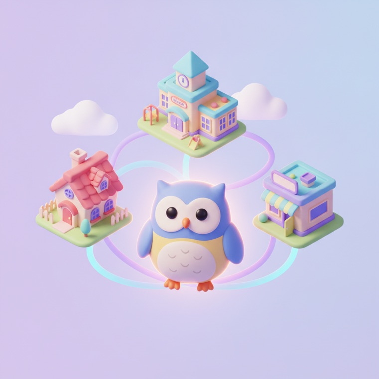 Home, school and learning center connected to the owl — one platform
