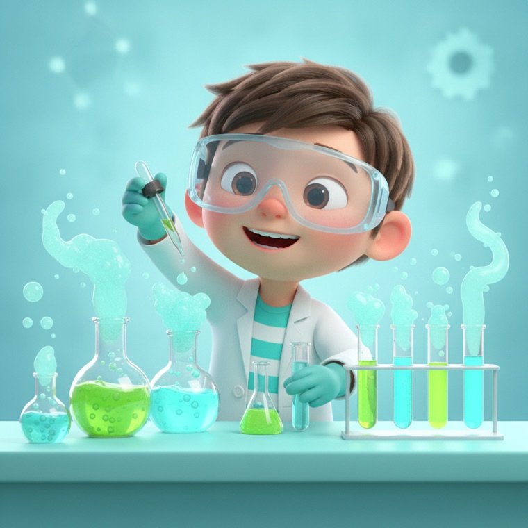 A child in goggles doing a colorful chemistry experiment