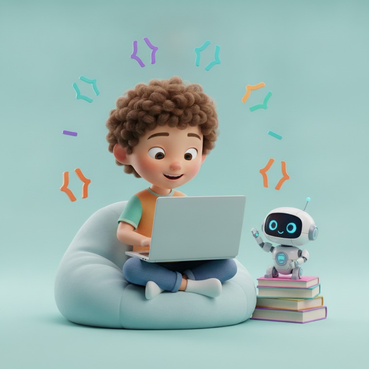 A child learning to code on a laptop with a friendly robot